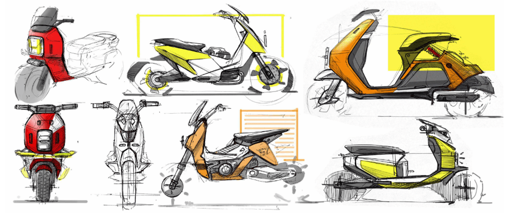 A collection of scooter concept sketches exploring form and proportions
